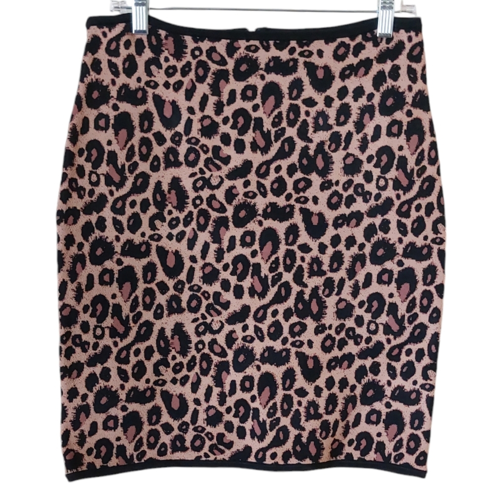 Pink Tartan Chunky Leopard Animal Print Thick Viscose Knit Knee Length Skirt Lrg